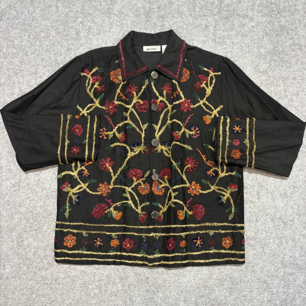 Units Womens Black Silk Blend Floral‎ Embroidered Button Up Jacket Small Chico
